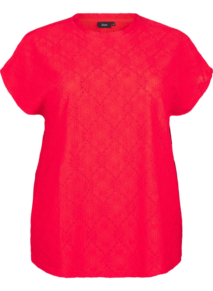 Blouse with short sleeves and floral embroidery, Flame Scarlet, Packshot image number 0