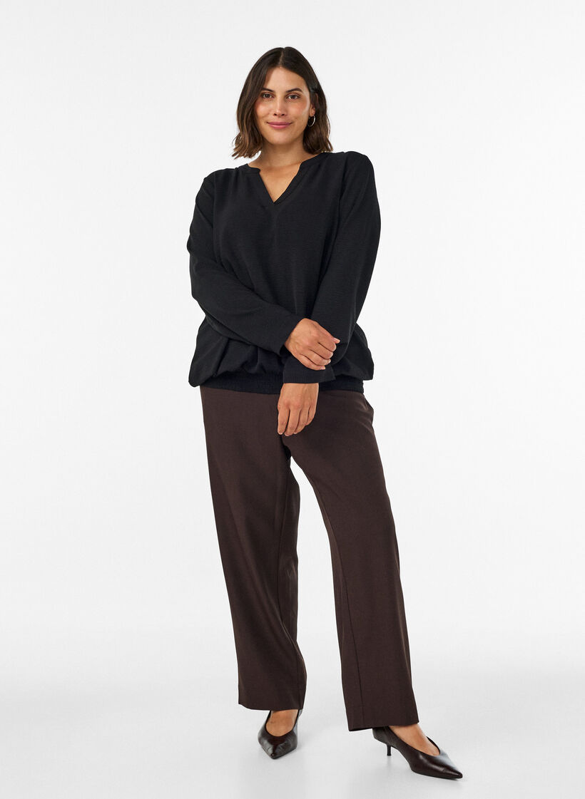 Balloon silhouette blouse with V-neck, Black, Model image number 1