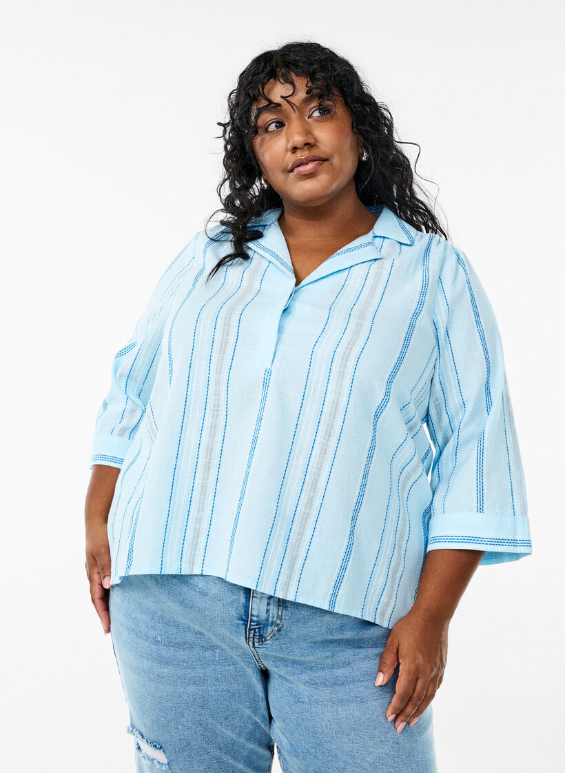 Blouse with collar and 3/4 sleeves, Light Blue, Model image number 0