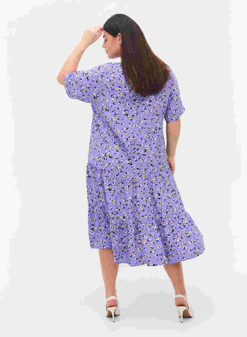 Short sleeved viscose midi dress with floral print, Lilac Flower Print, Model image number 1