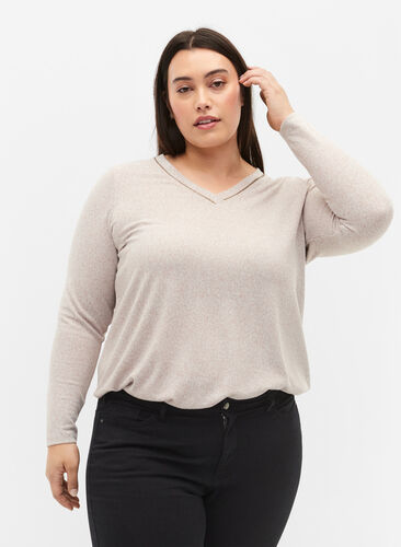 Top with v-neck and long sleeves, Natural Mel., Model image number 0