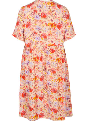 Short-sleeved midi dress with button closure, Red Orange AOP, Packshot image number 1