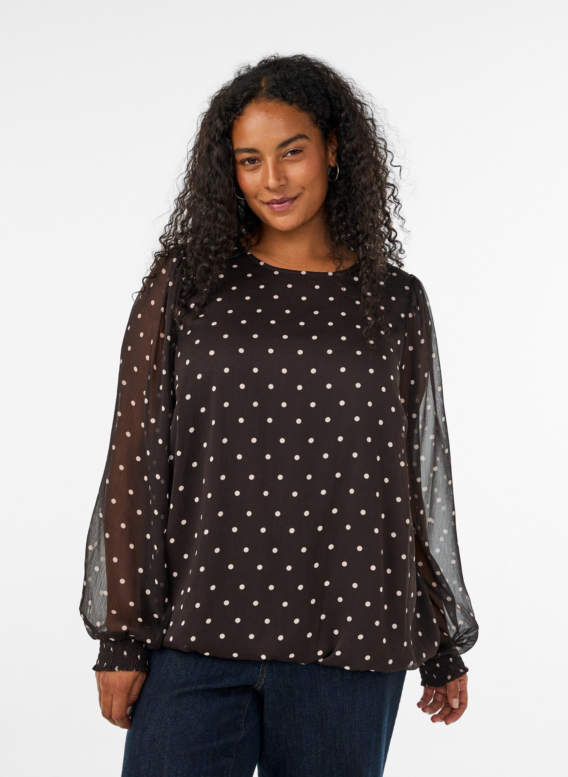 ZizzifashionDotted chiffon blouse with sheer sleeves, Brown, Model image number 0