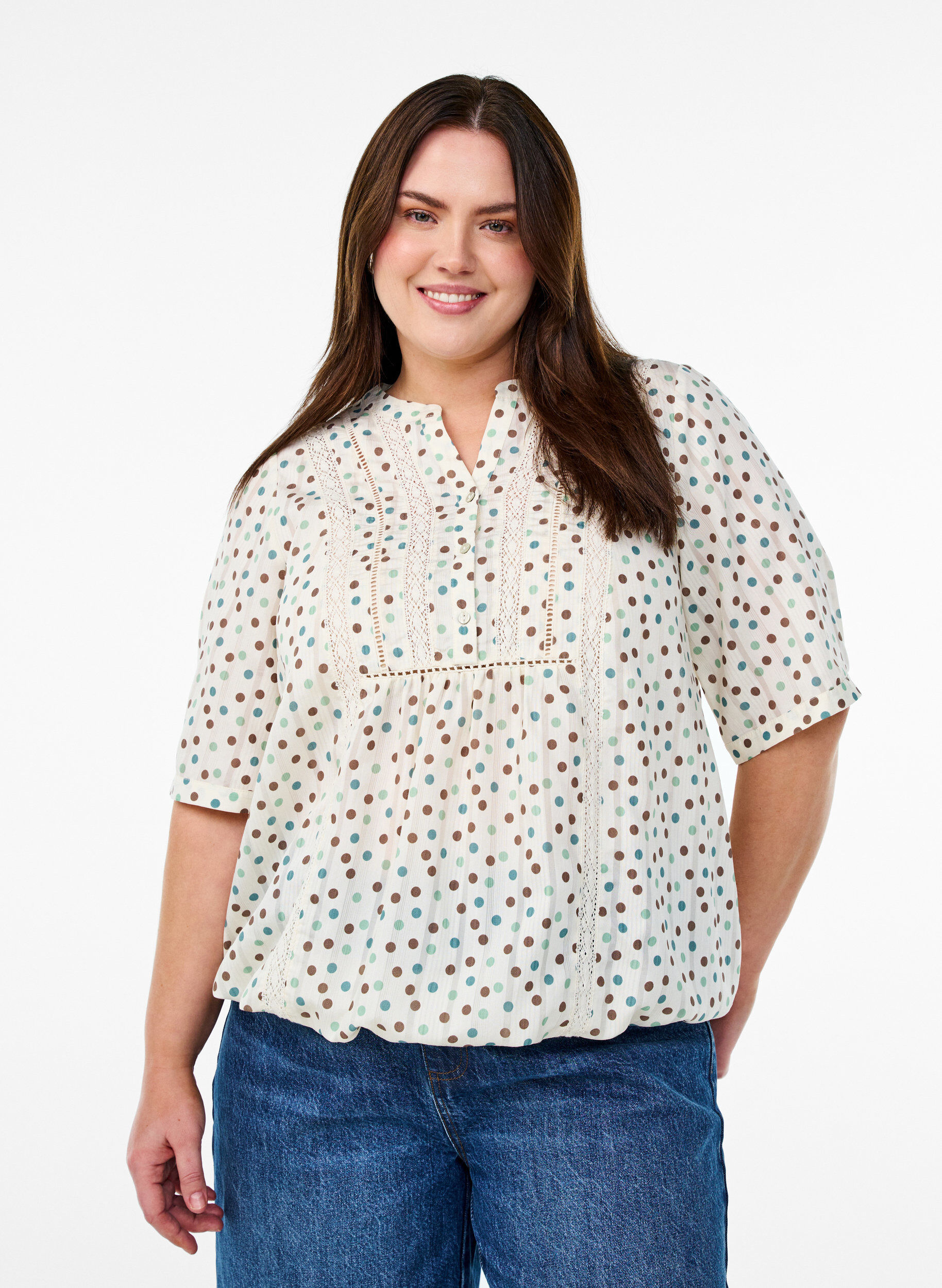 ZizzifashionBlouse with print and 1/2 sleeves, White, Model image number 0