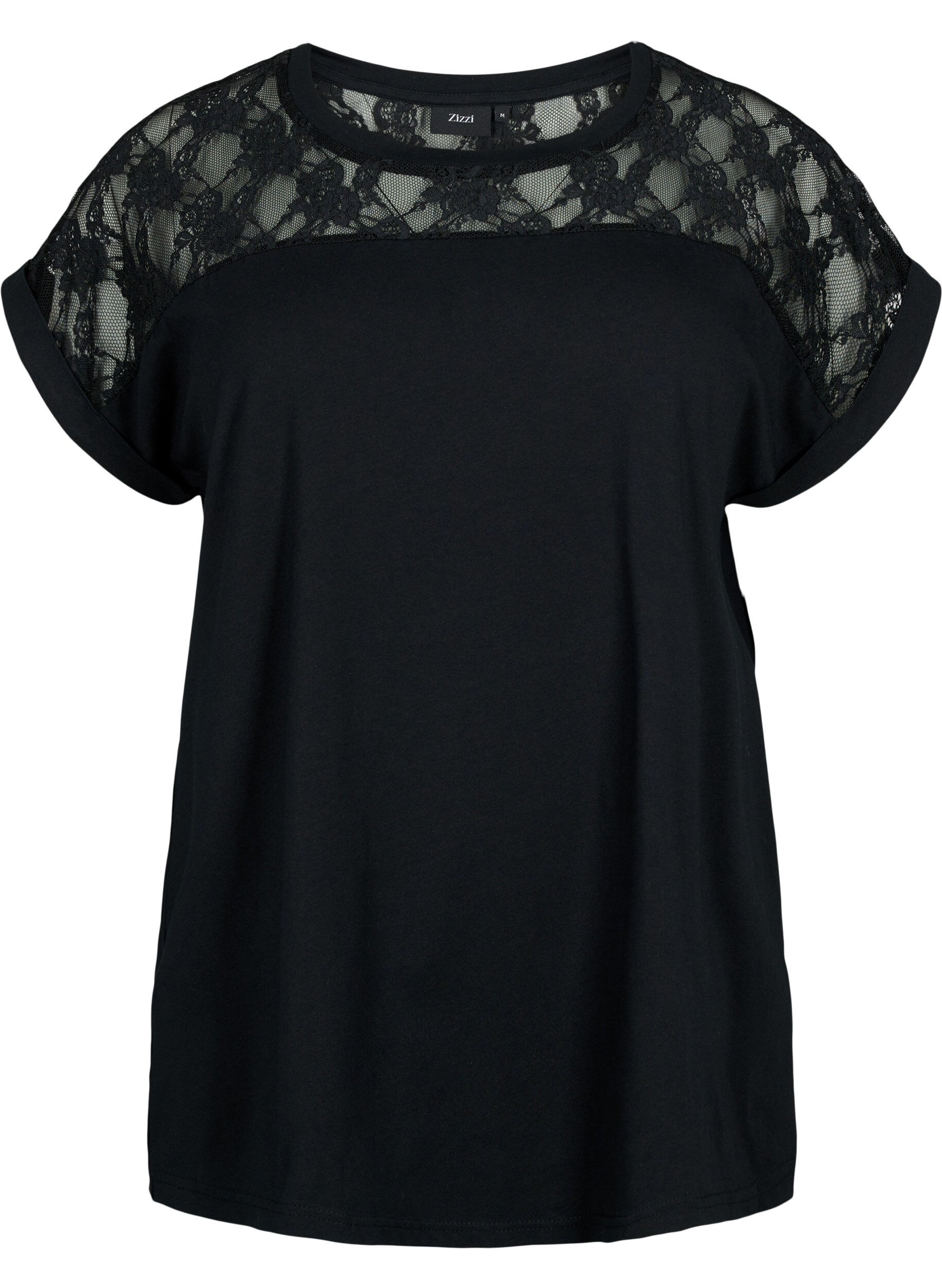 Zizzifashion Short-sleeved cotton t-shirt with lace, Black, Packshot image number 0