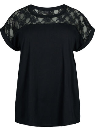 Short-sleeved cotton t-shirt with lace, Black, Packshot image number 0