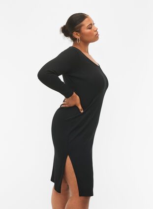 Tight-fitting dress with long sleeves and a slit, Black, Model image number 2