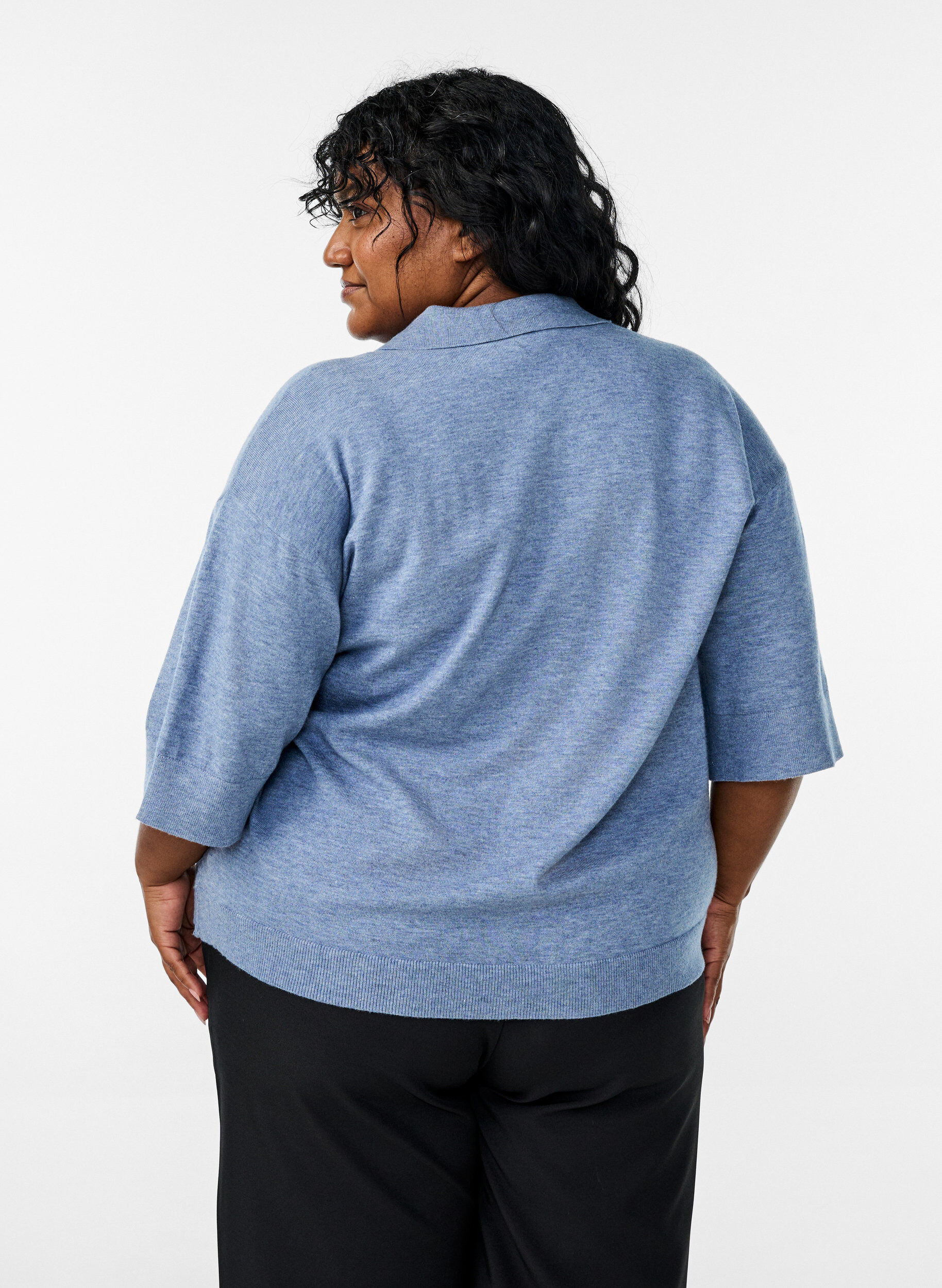 Zizzifashion Knitted blouse with a collar and short sleeves, Blue, Model image number 2