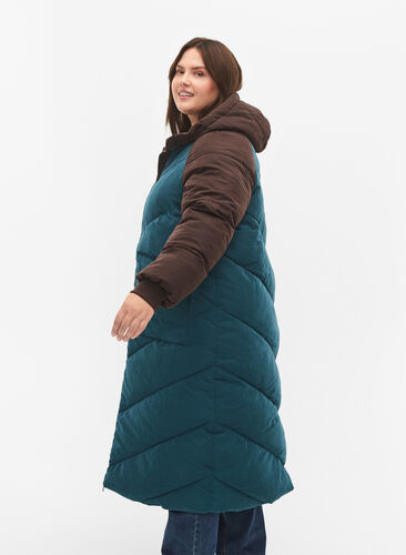 Long colorblock winter jacket with hood, Deep Teal Comb, Model image number 2