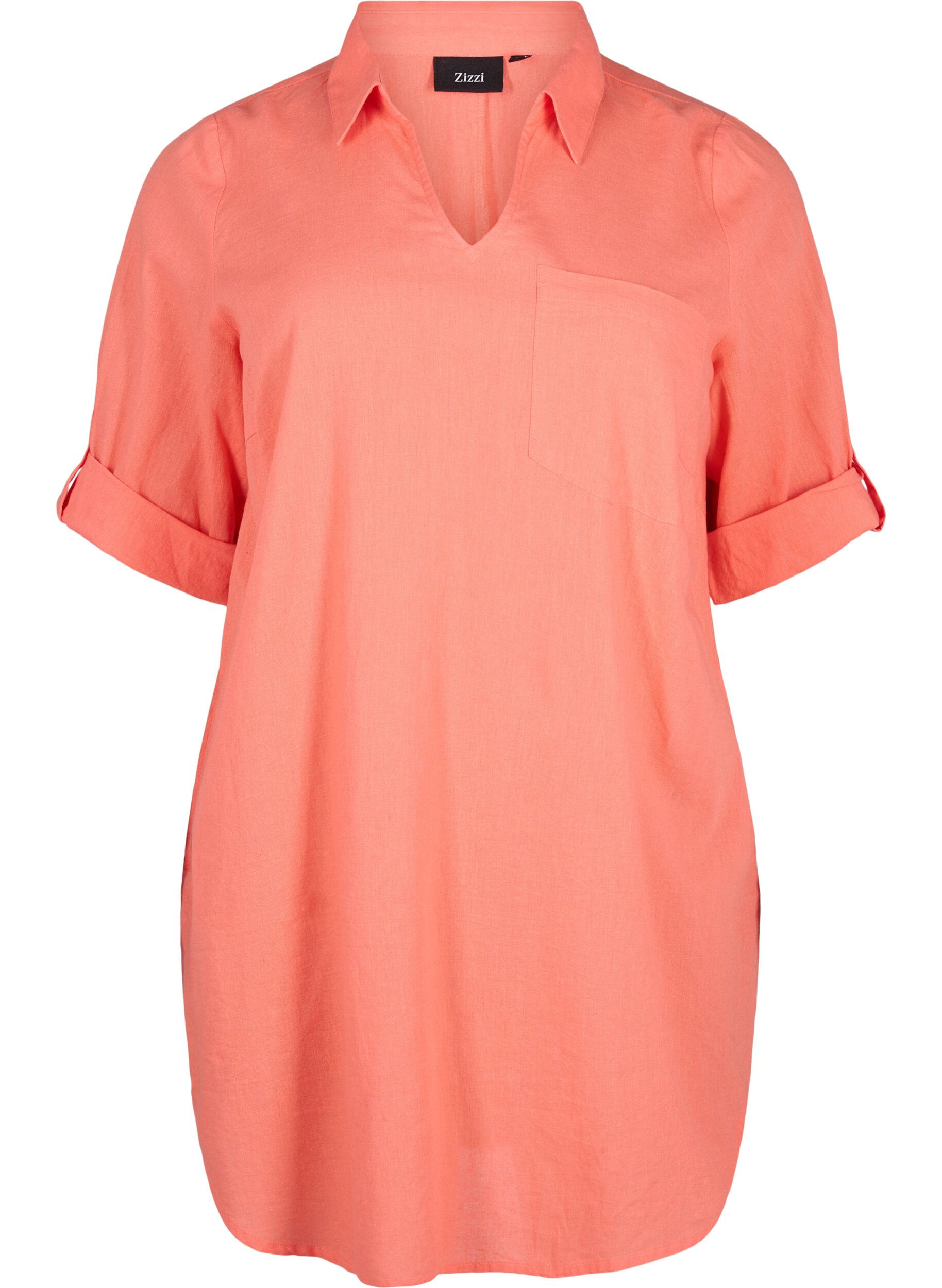 Zizzifashion Short-sleeved cotton blend tunic with linen, Living Coral, Packshot image number 0