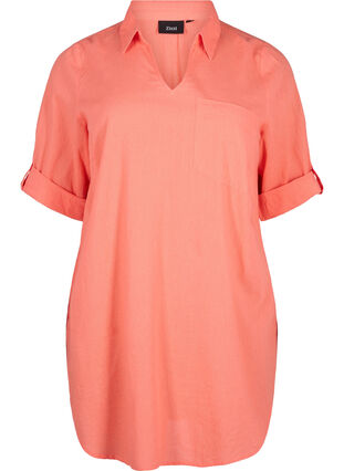 Short-sleeved cotton blend tunic with linen, Living Coral, Packshot image number 0