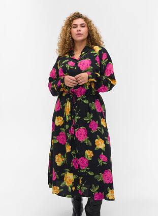 Floral viscose maxi dress with button fastening, Black Flower AOP, Model image number 0