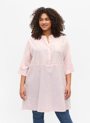 Striped tunic with buttons and 3/4-sleeves, Rose Tan Stripe, Model image number 0