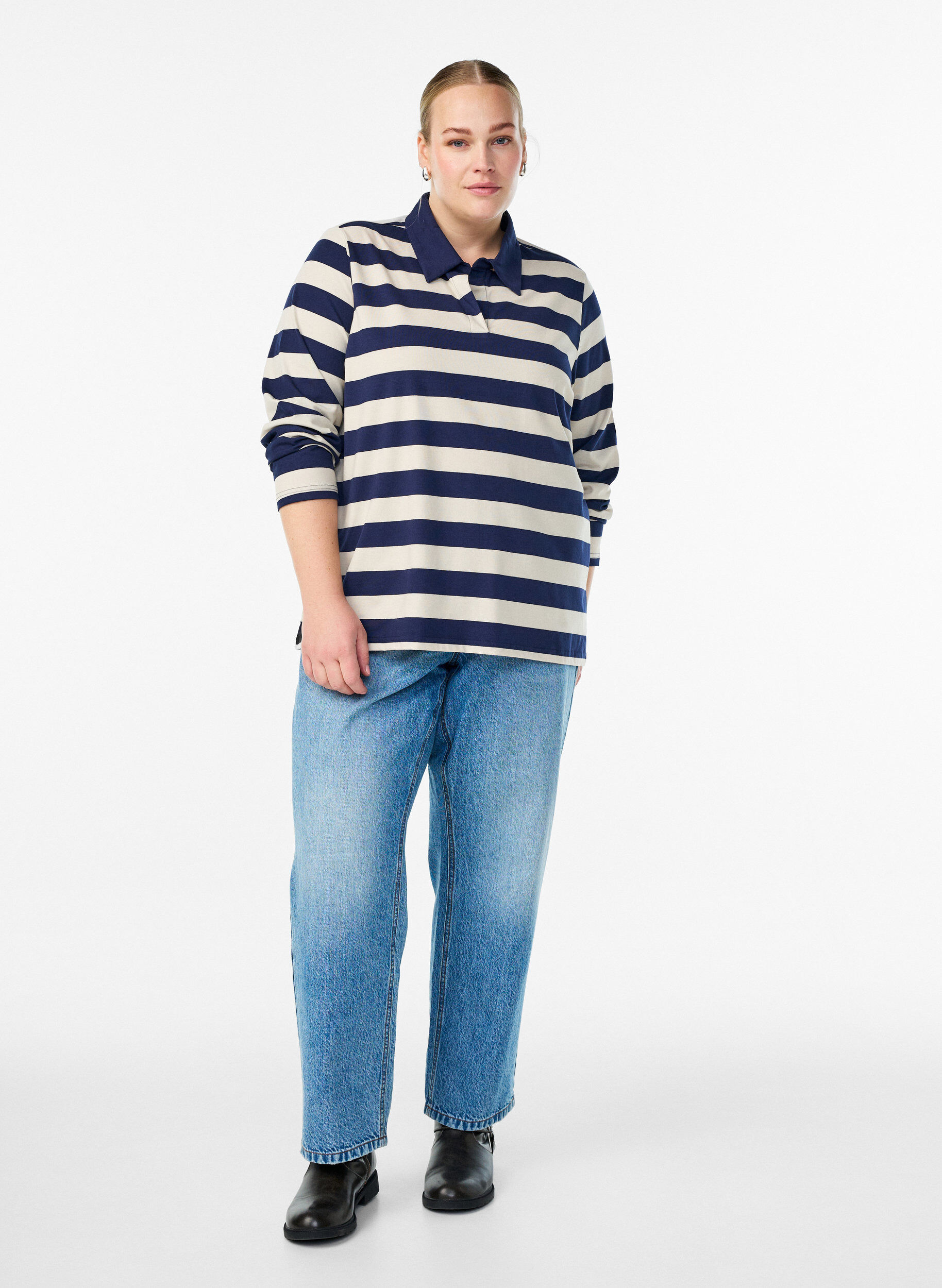 Zizzifashion Long-sleeved polo shirt with wide stripes, Blue, Model image number 1