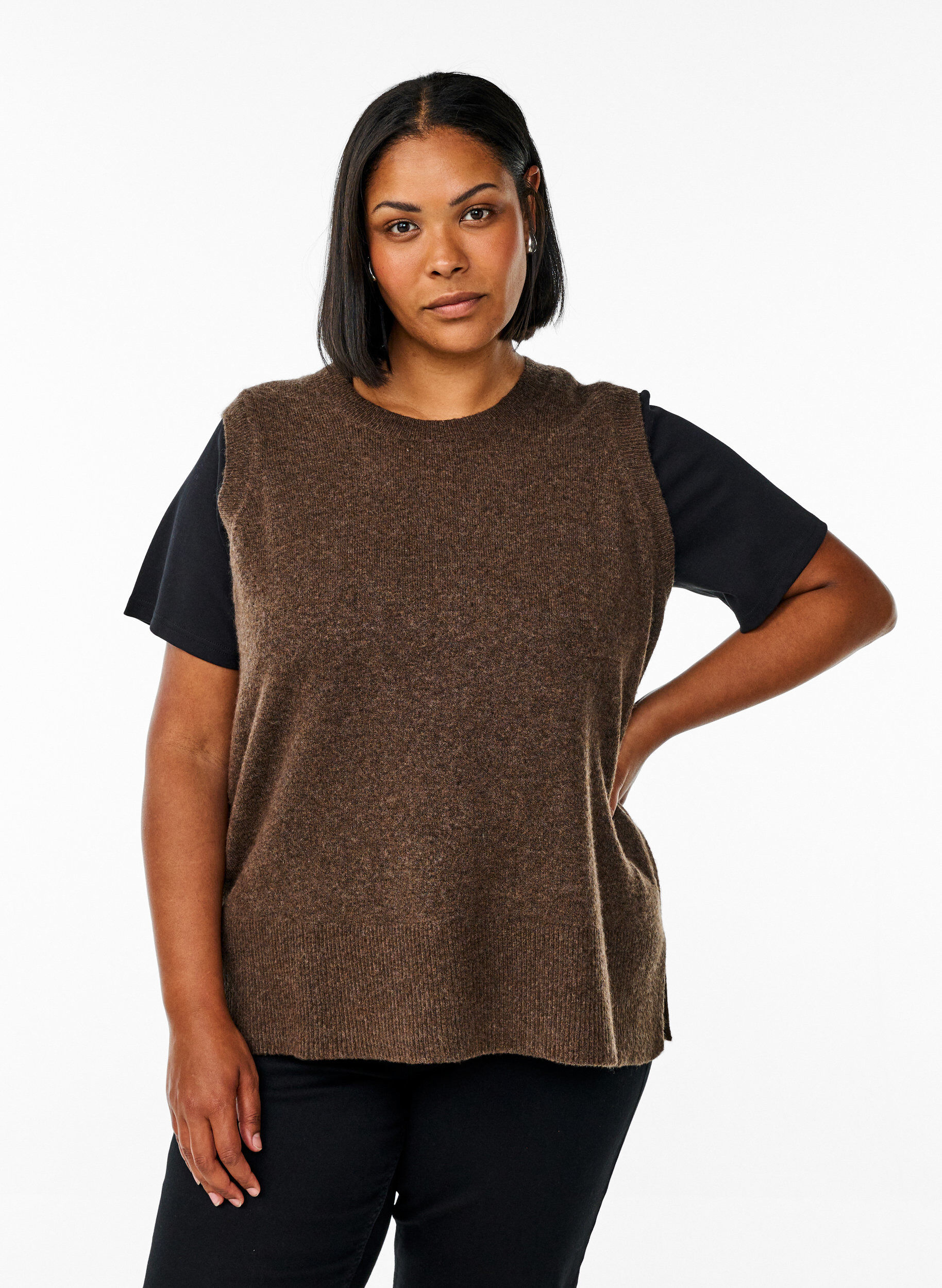 ZizzifashionKnitted vest with ribbed edges, Green, Model image number 0