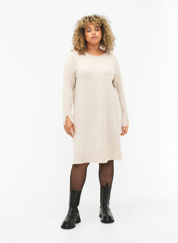 Knitted dress with slit in the sleeves, Pumice Stone Mel., Model image number 3