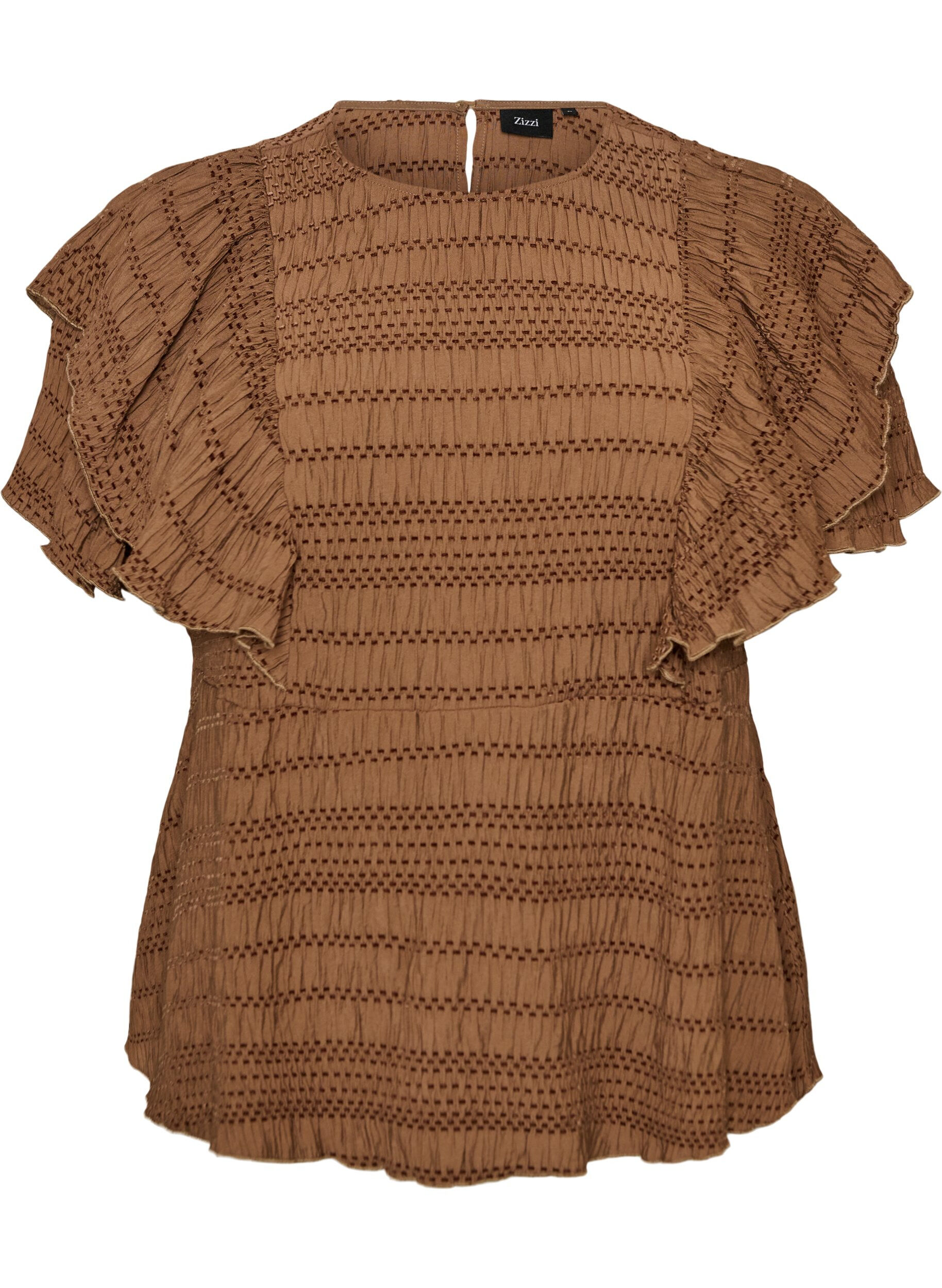 Blouse with smocked texture and ruffle sleeves