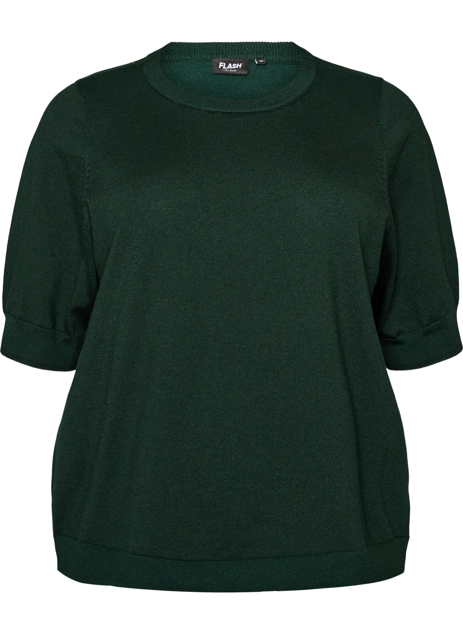 ZizzifashionFine-knit blouse with short sleeves, Green, Packshot image number 0
