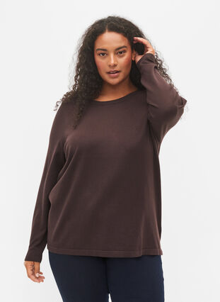 	 Knitted viscose top with long sleeves, Black Coffee Solid, Model image number 0