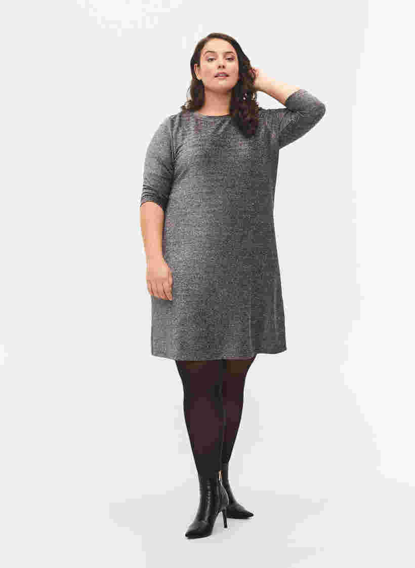 Glitter dress with 3/4 sleeves and round neckline, Black Silver, Model image number 2