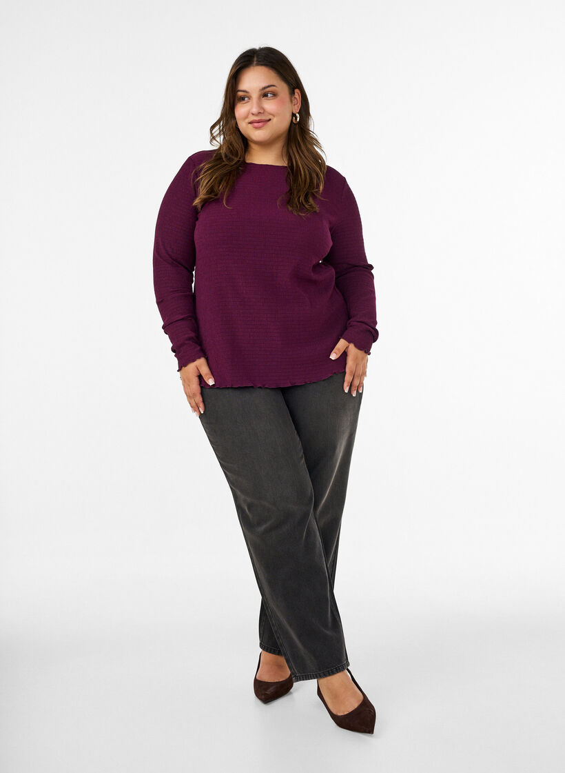 Textured blouse with wavy edges, Purple, Model image number 1