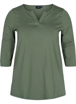 Plain-coloured cotton blouse with 3/4-length sleeves and slits, Thyme, Packshot image number 0