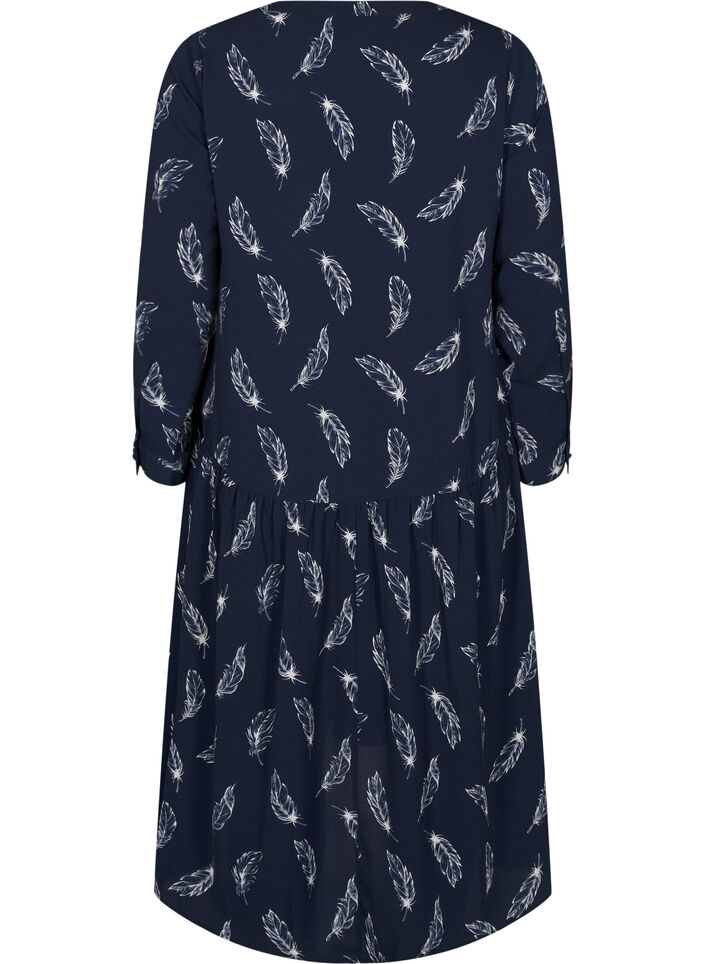 Midi dress with long sleeves, Navy B. Feather AOP, Packshot image number 1