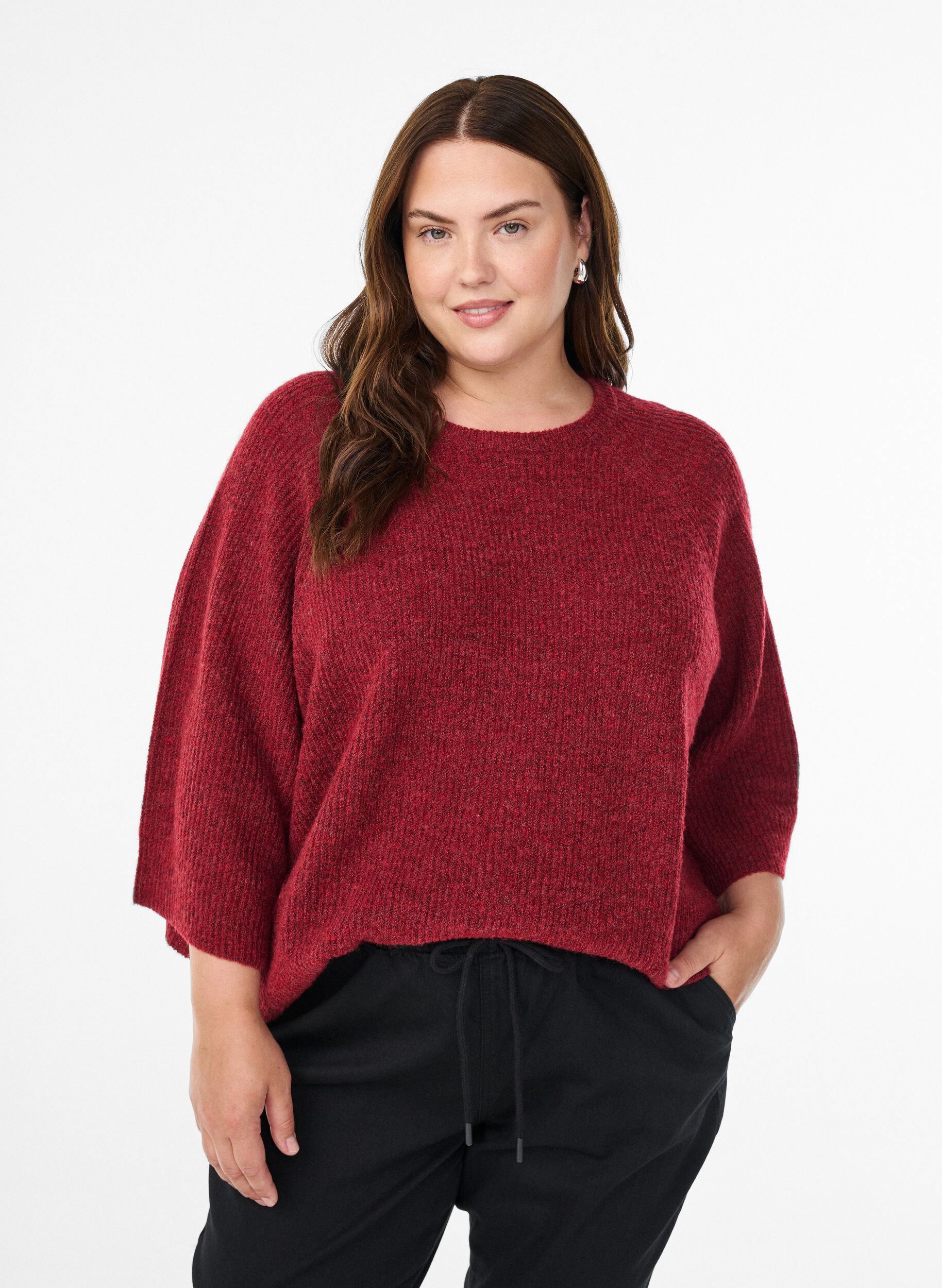 Ribbed jumper with 3/4 sleeves, Red, Model
