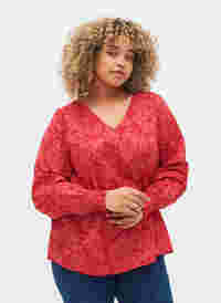 V-neck blouse with smock, Ribbon Red AOP, Model