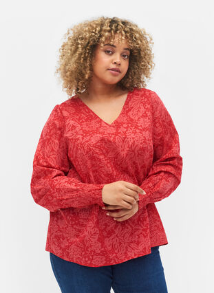 V-neck blouse with smock, Ribbon Red AOP, Model image number 0
