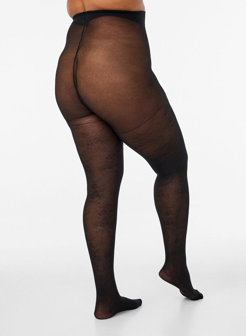50 denier tights with a floral pattern, Black, Model image number 2
