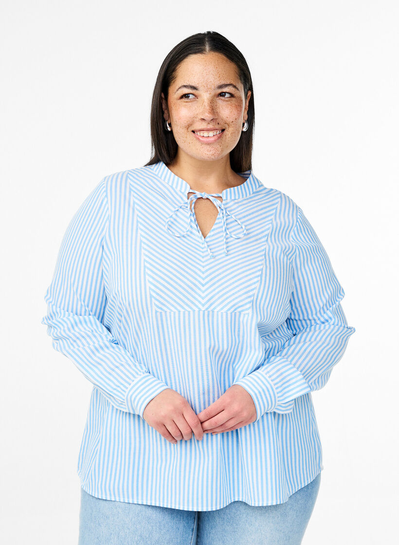 Striped blouse with tie detail, Light Blue, Model image number 0