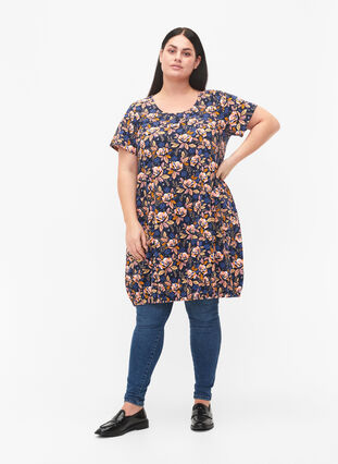 Short-sleeved, printed cotton dress, Blue Orange Flower, Model image number 2