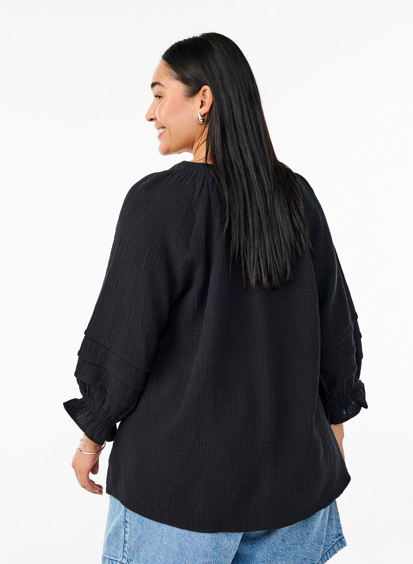 Cotton muslin blouse with 3/4 sleeves, Black, Model image number 1