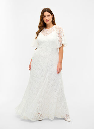 Short-sleeved lace wedding dress, Star White, Model image number 0