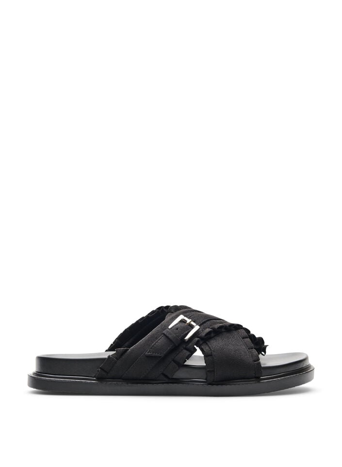 Sandals with crossed straps and ruffle edges, Black, Packshot image number 0