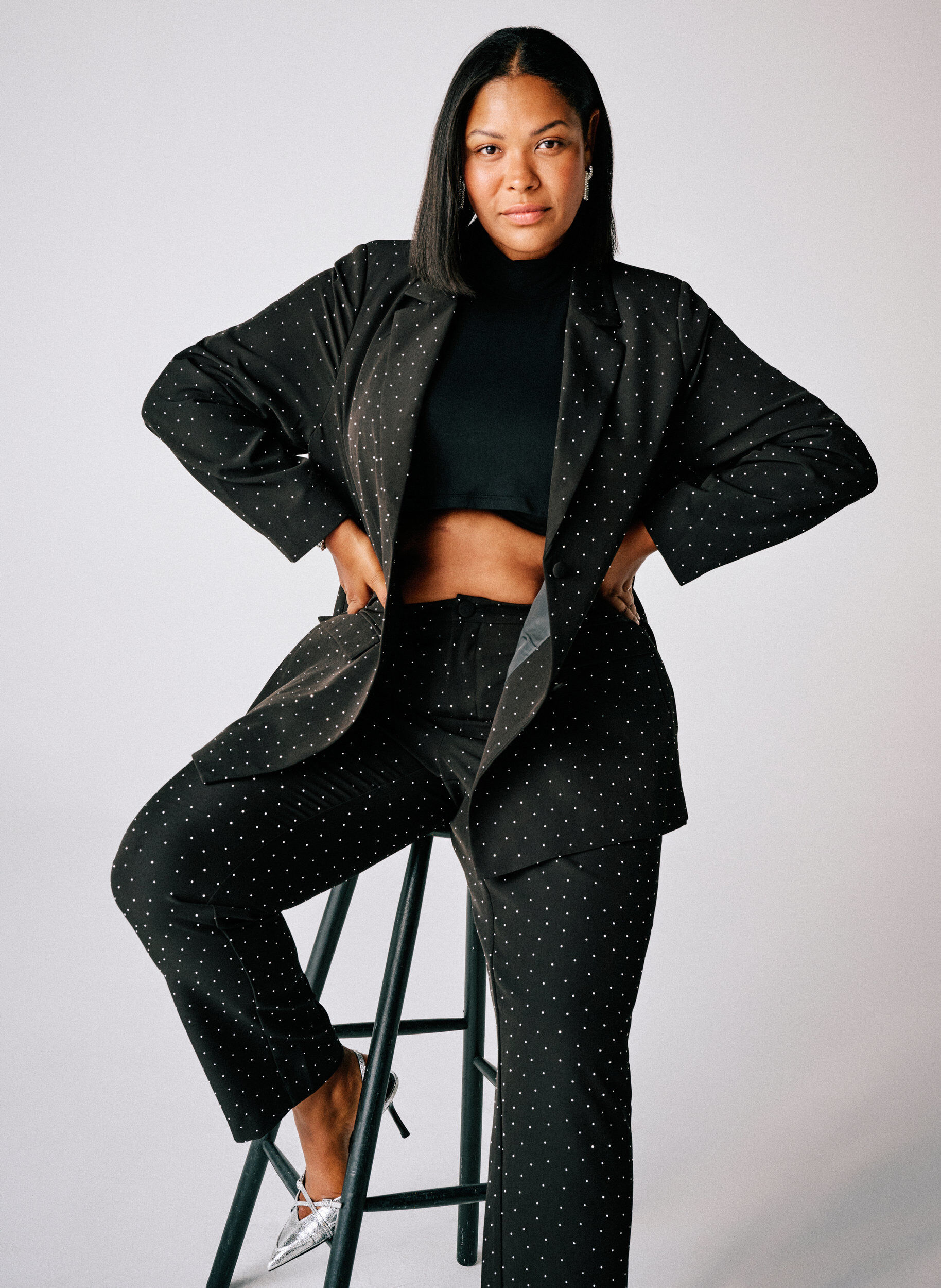 Zizzifashion Trousers with rhinestones and a high waist, Black, Image image number 0