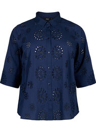 Shirt blouse with embroidery anglaise and 3/4 sleeves, Navy Blazer, Packshot