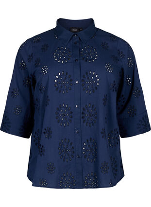 Shirt blouse with embroidery anglaise and 3/4 sleeves, Navy Blazer, Packshot image number 0