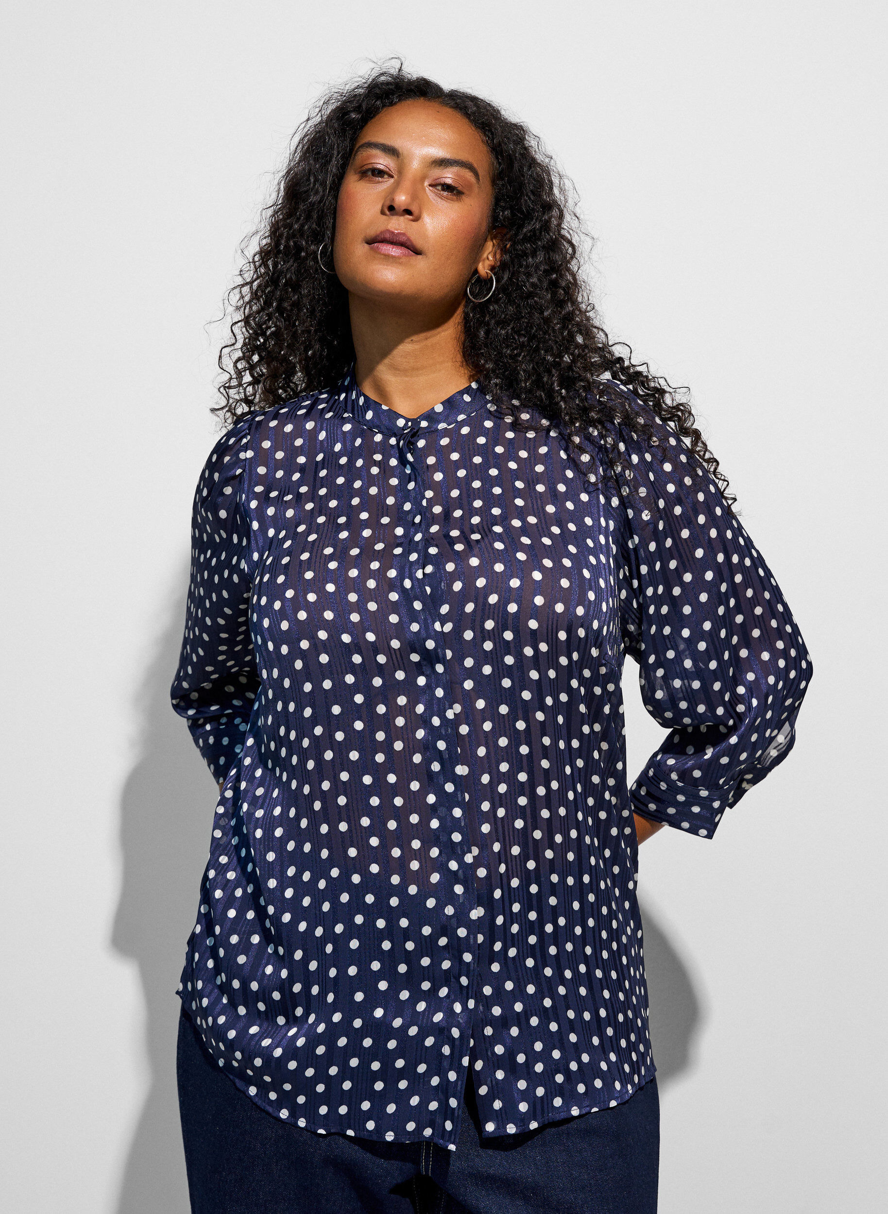 ZizzifashionPatterned shirt with a stand-up collar and 3/4-sleeves, Blue, Model image number 3