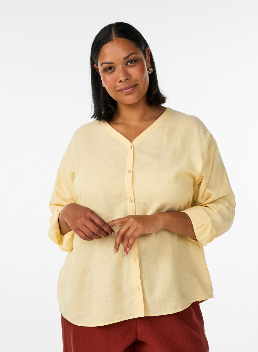 Blouse in linen and viscose with V-neck, Yellow, Model image number 0