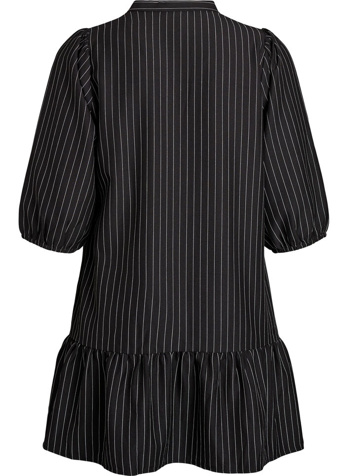 Short A-line dress with pinstripes and a ruffle hem, Black, Packshot image number 1