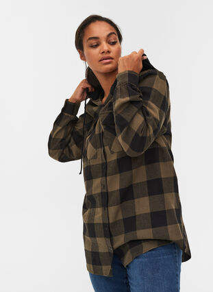 Checked shirt jacket with hood, Ivy Green Check, Model image number 0