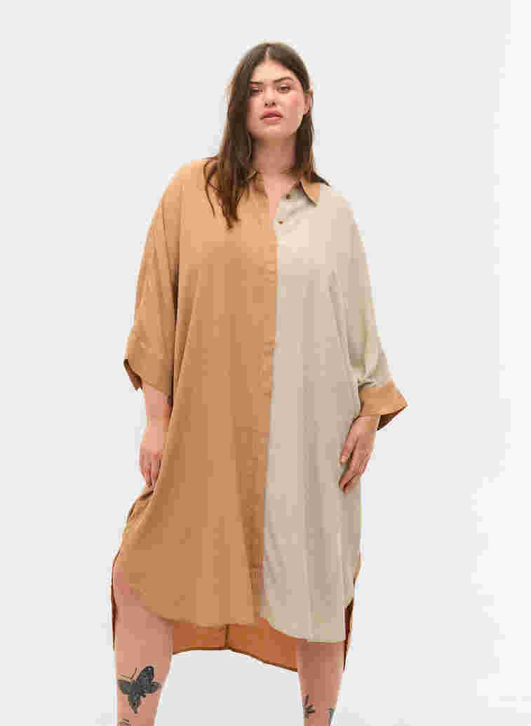 Viscose shirt dress with 3/4 sleeves and colour-block, Praline, Model image number 0
