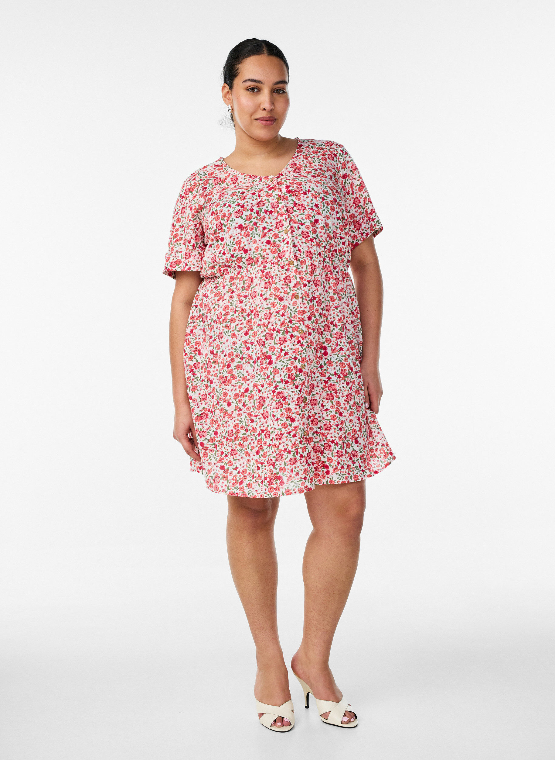 ZizzifashionShort cotton dress with floral print, Red, Model image number 1