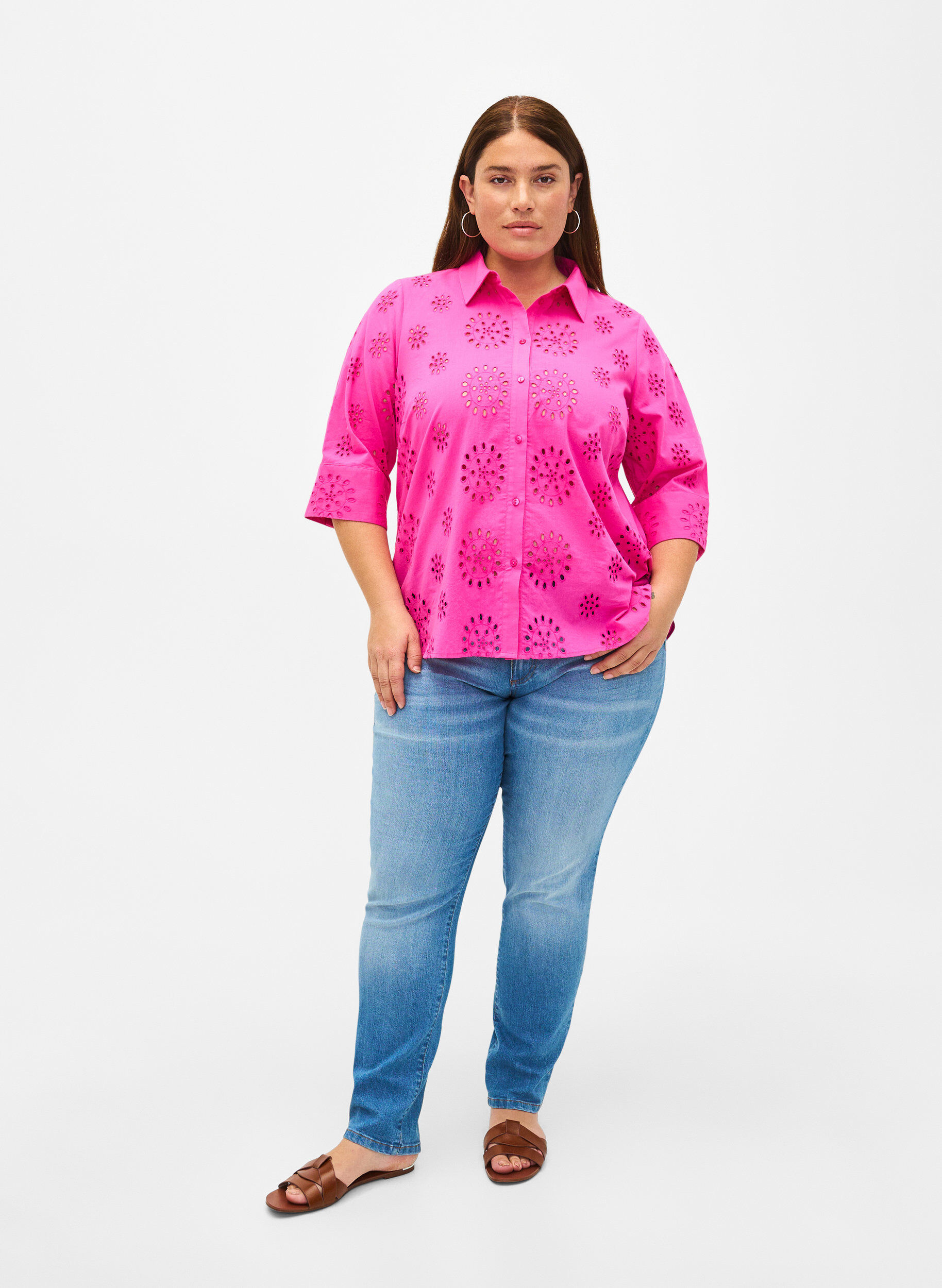 Zizzifashion Shirt blouse with embroidery anglaise and 3/4 sleeves, Raspberry Rose, Model image number 2