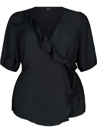 Wrap blouse in viscose with 1/2 sleeves, Black, Packshot image number 0