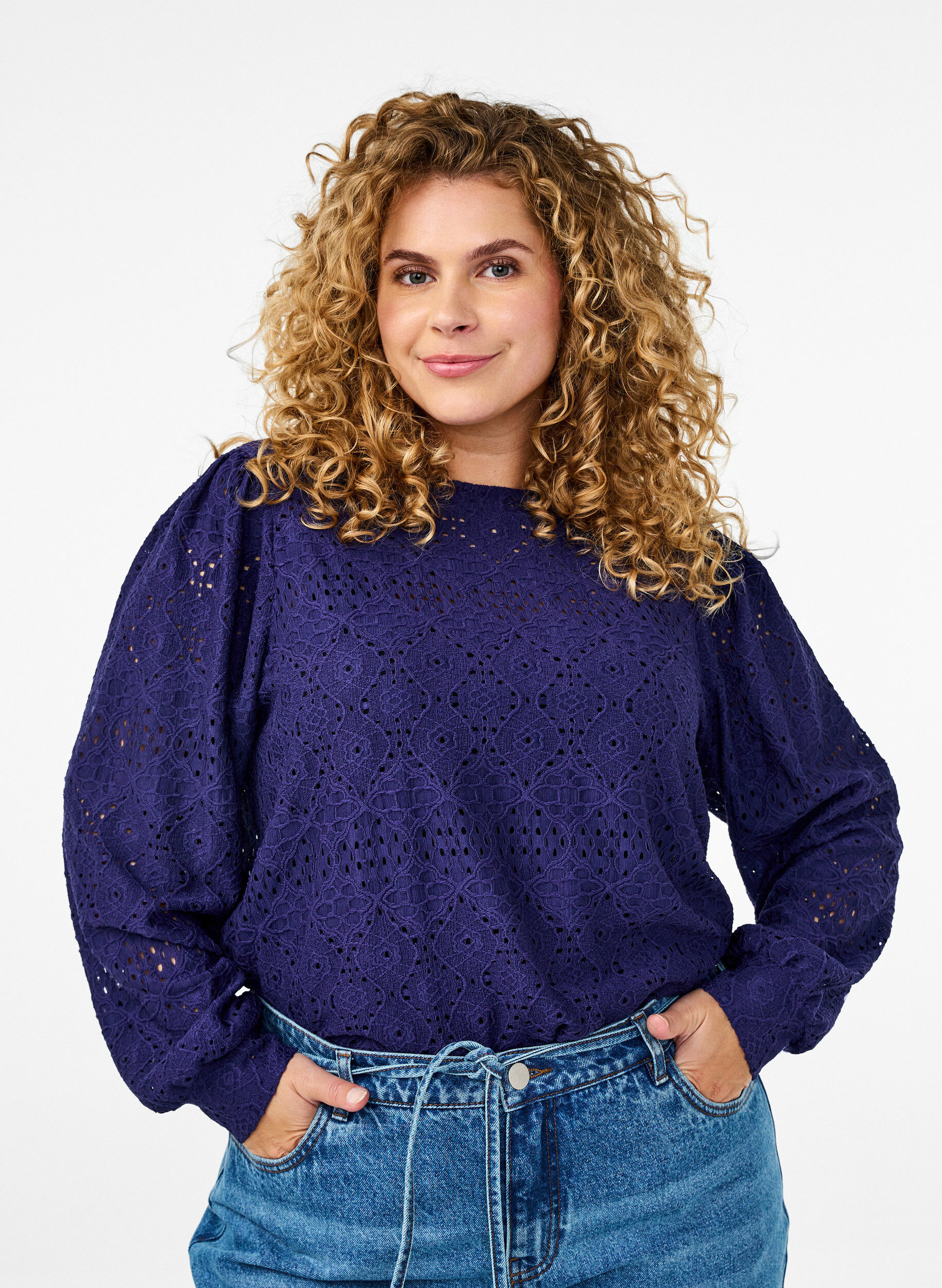 Zizzifashion Long-sleeved blouse with an openwork pattern, Purple, Model image number 0