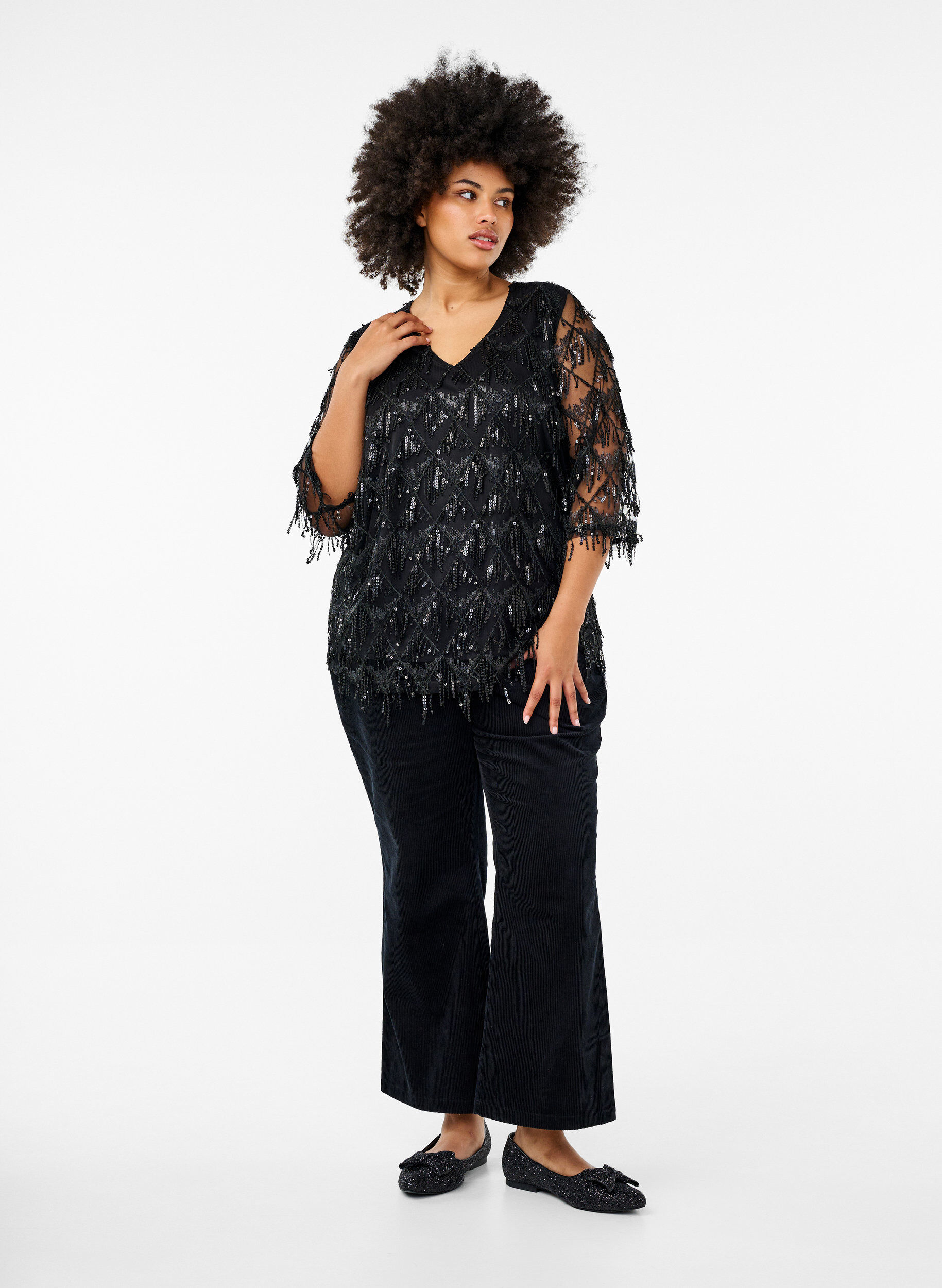 Zizzifashion Party blouse with sequin fringes and 3/4 sleeves, Black, Model image number 2