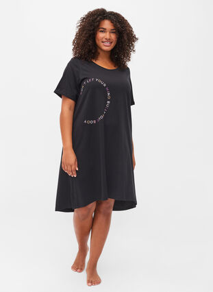 Short sleeved cotton nightdress with print, Black W. Don't, Model image number 2